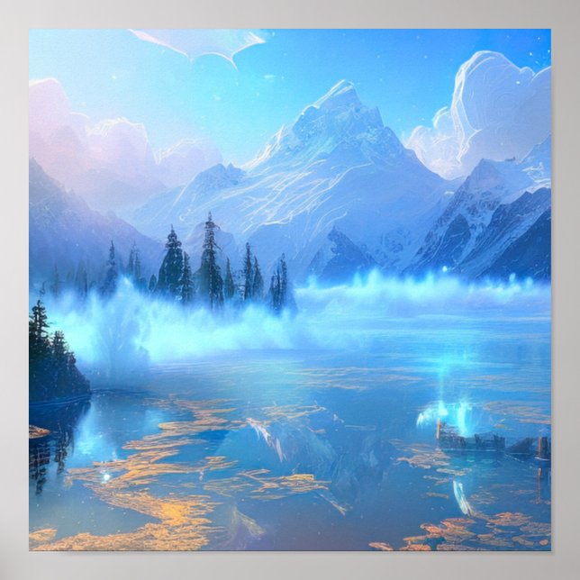 Enchanted Mountain Lake, A Mystical Blue Mist Poster (Front)