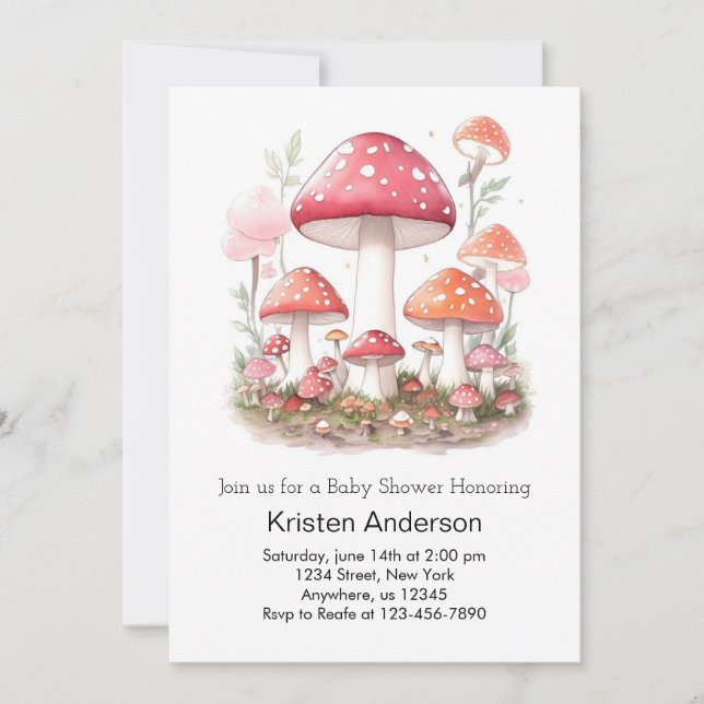 Enchanted Mushroom Blissful Pink Girl Baby Shower Invitation (Front)