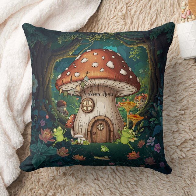Enchanted Mushroom Cottage Throw Pillow (Creator Uploaded)