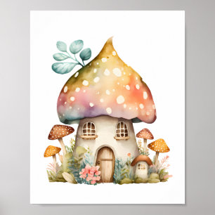 Enchanted Mushroom Cottage Watercolor Poster