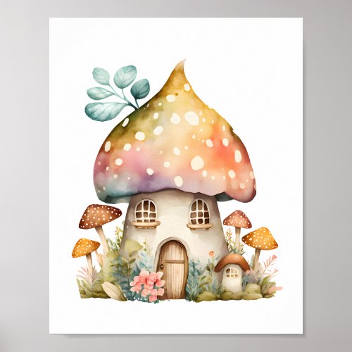 Enchanted Mushroom Cottage Watercolor Poster