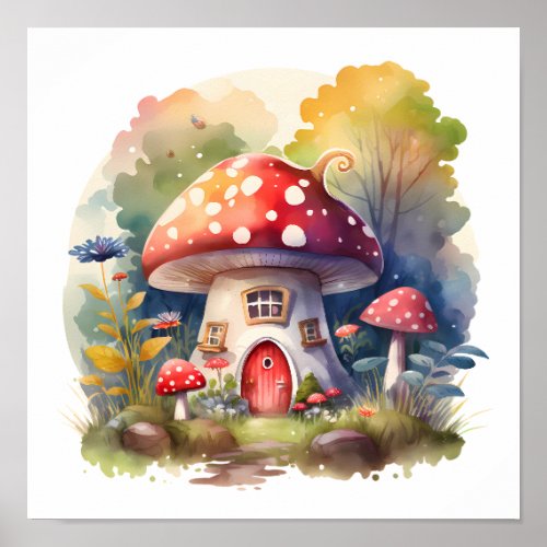 Enchanted Mushroom Cottage Watercolor Poster