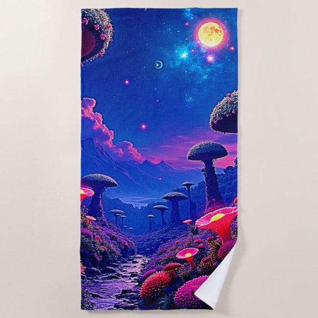 Enchanted Mushroom Forest Night Design Beach Towel (Front)