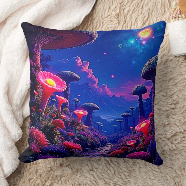 Enchanted Mushroom Forest Night Design Throw Pillow (Blanket)