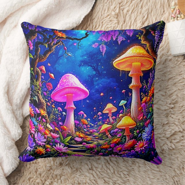 Enchanted Mushroom Forest Throw Pillow (Blanket)
