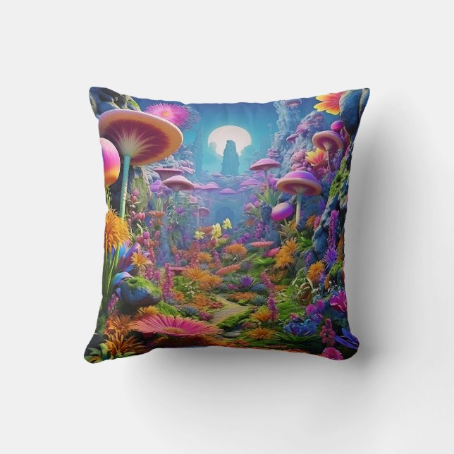 Enchanted Mushroom Forest – Vibrant Fantasy Fungi Throw Pillow (Back)