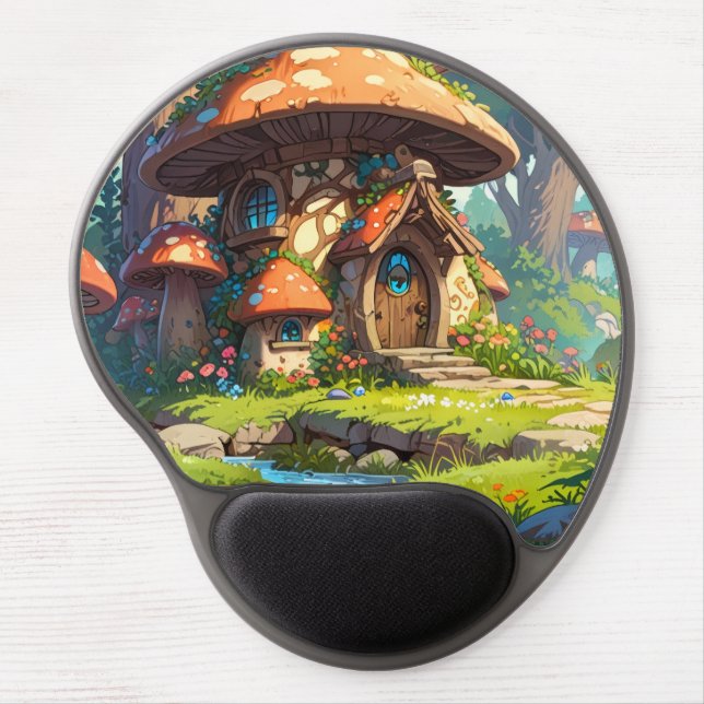 Enchanted Mushroom Village in the Forest – Dreamy  Gel Mouse Pad (Front)