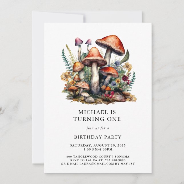 Enchanted Mushrooms Woodland Boy first Birthday Invitation (Front)