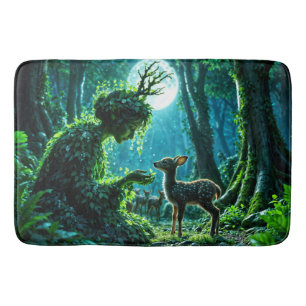 Enchanted nature guardian feeding a baby fawn bath mat