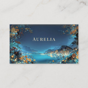 Enchanted Night Floral Cityscape Lake Gold Frame Business Card