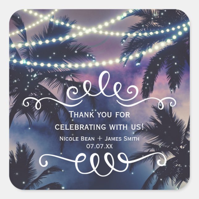 Enchanted Night Sky Evening Beach Lights Wedding Square Sticker (Front)