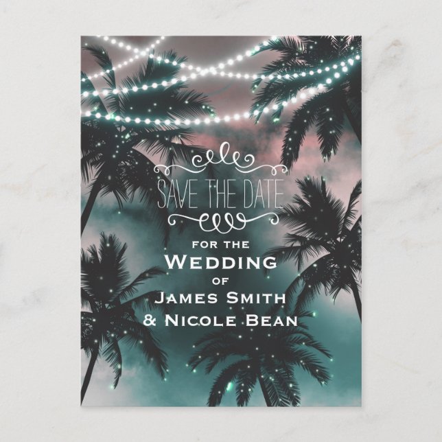 Enchanted Night Sky & Lights Palm Save the Date Announcement Postcard (Front)