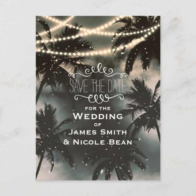 Enchanted Night Sky Palm Trees & Lights Save Date Announcement Postcard (Front)