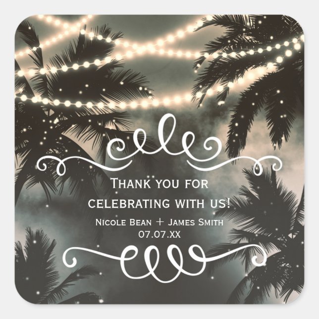 Enchanted Night Sky Palm Trees & String Lights Square Sticker (Front)