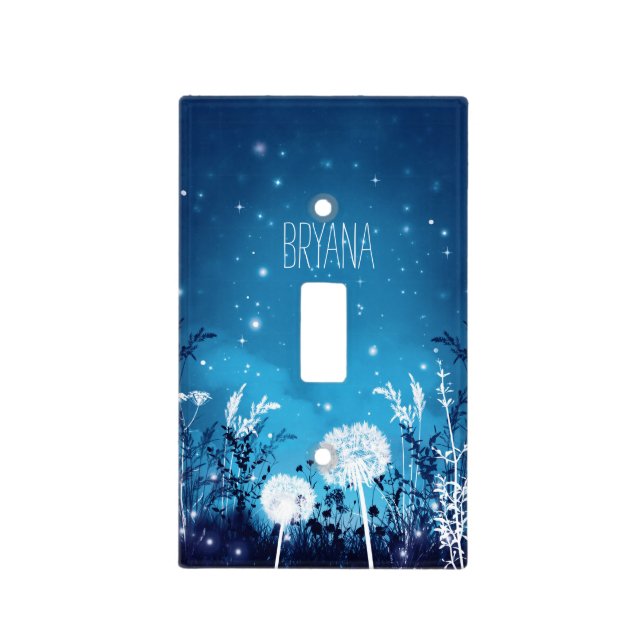 Enchanted Night Sky Stars & Foliage Blue Rustic Light Switch Cover (Front)