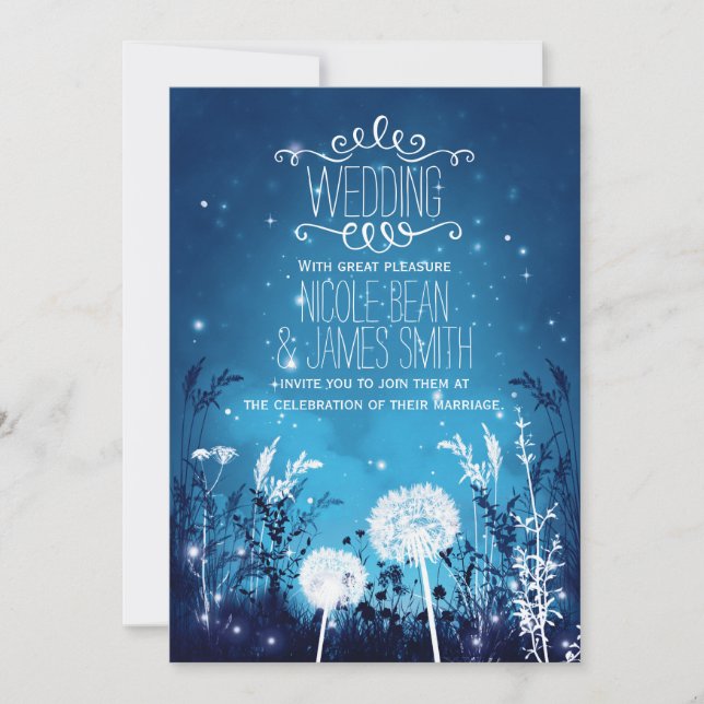 Enchanted Night Sky Stars & Foliage Blue Wedding Invitation (Front)