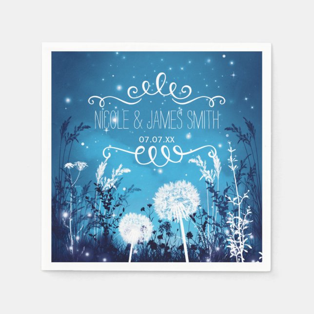 Enchanted Night Sky Stars & Foliage Blue Wedding Napkins (Front)