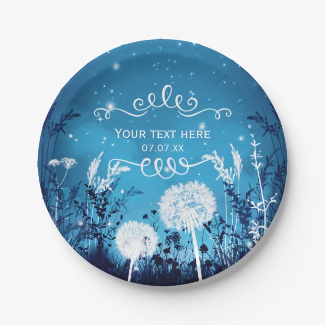 Enchanted Night Sky Stars & Foliage Blue Wedding Paper Plates (Front)