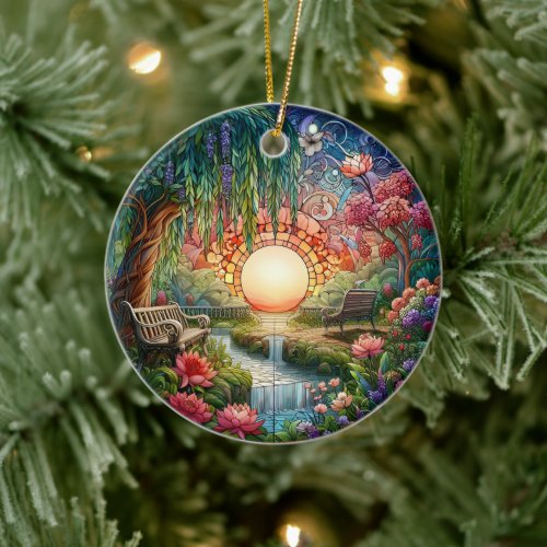 Enchanted Park Stained Glass Mosaic  Ceramic Ornament