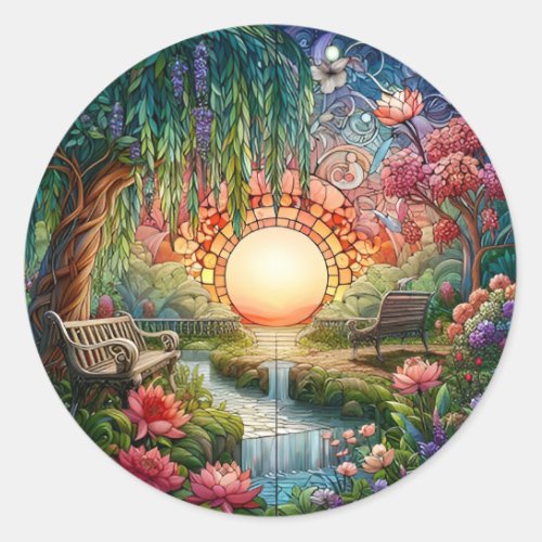 Enchanted Park Stained Glass Mosaic  Classic Round Sticker