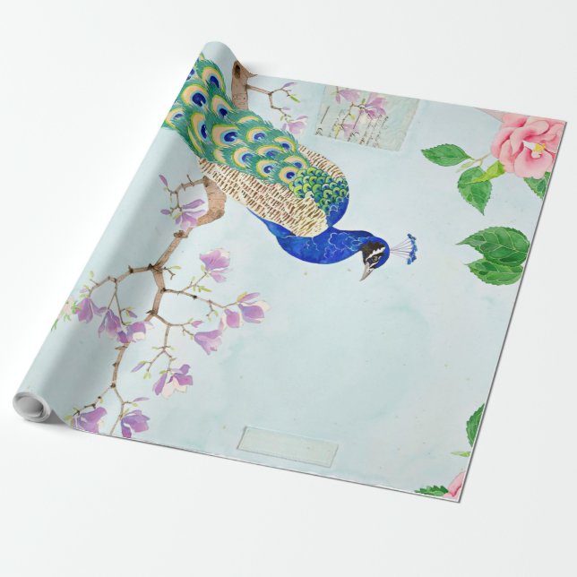 Enchanted Peacock | Chibi Peacock Gift Wrapping Paper (Unrolled)