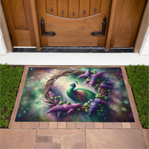 Enchanted Peacock Floral Wreath Doormat