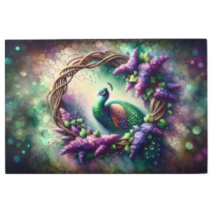 Enchanted Peacock Floral Wreath Metal Print