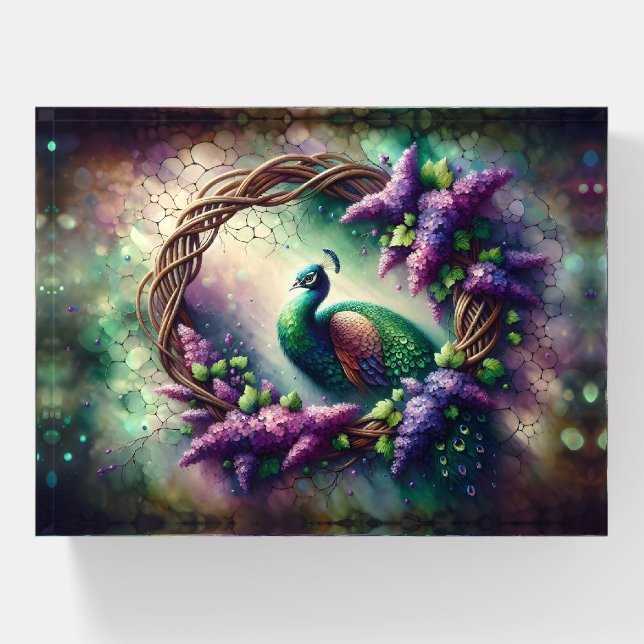 Enchanted Peacock Floral Wreath Paperweight (Front)