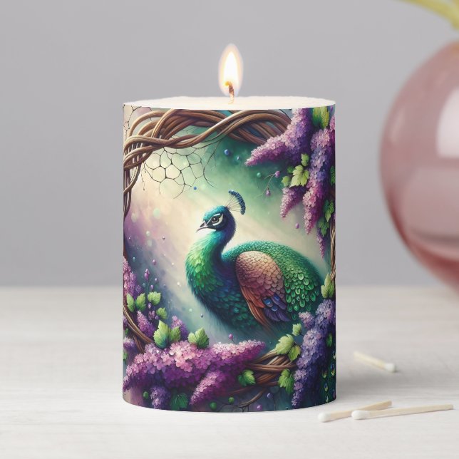 Enchanted Peacock Floral Wreath Pillar Candle (In Situ)