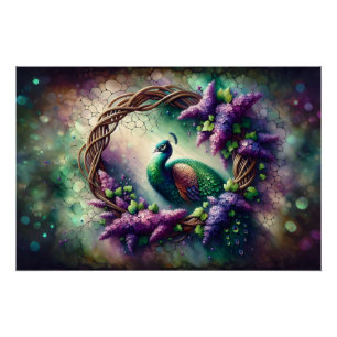 Enchanted Peacock Floral Wreath Poster