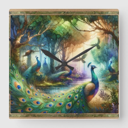 Enchanted Peacocks _ Watercolor Square Wall Clock