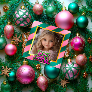 Enchanted Pink and Green Winter Wonderland Photo Holiday Card