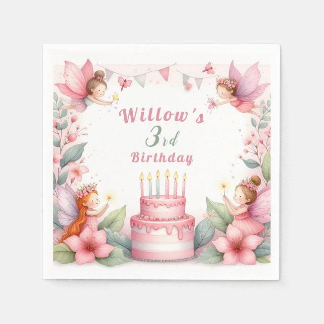 Enchanted Pink Fairy garden - Birthday  Napkins (Front)