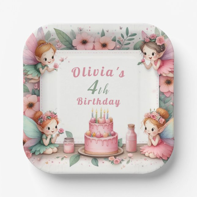 Enchanted Pink Fairy garden - Birthday  Paper Plates (Front)