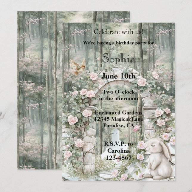 Enchanted Pink Floral Garden Bunny Birthday Invitation (Front/Back)