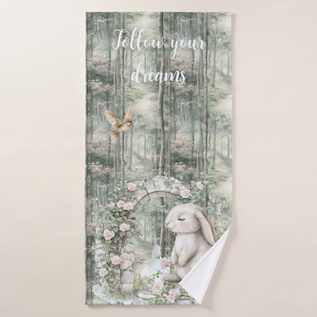 Enchanted Pink Floral Garden Bunny Dreams Bath Towel (Bath Towel)