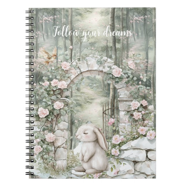 Enchanted Pink Floral Garden Bunny Dreams Notebook (Front)