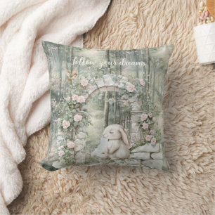 Enchanted Pink Floral Garden Bunny Dreams Throw Pillow