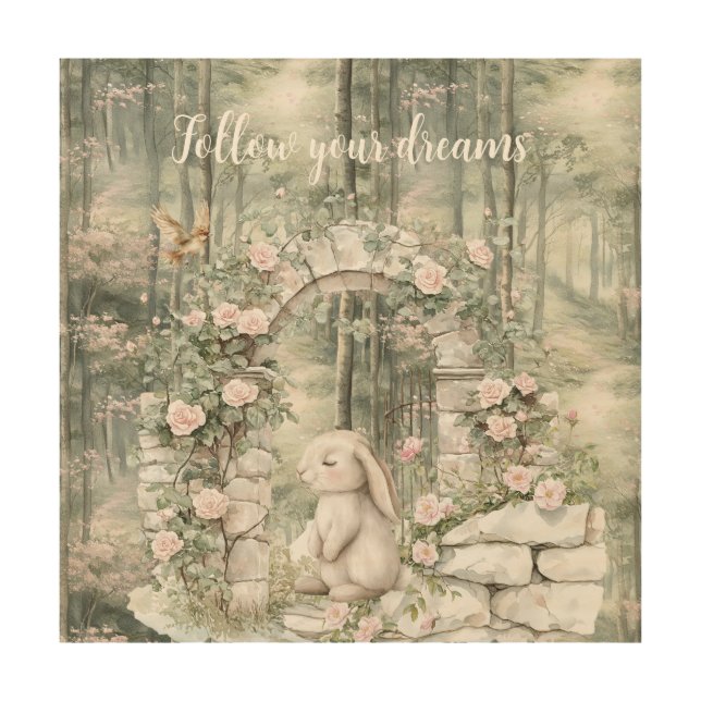 Enchanted Pink Floral Garden Bunny Dreams Wood Wall Art (Front)