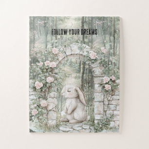 Enchanted Pink Floral Garden Bunny Jigsaw Puzzle