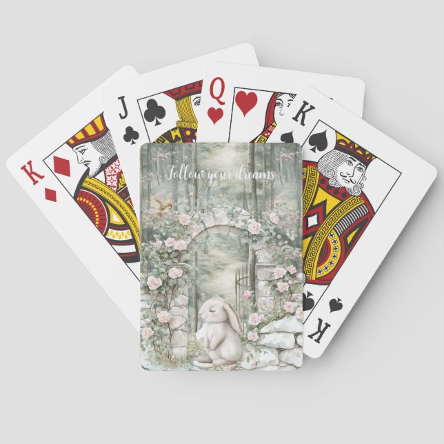 Enchanted Pink Floral Garden Bunny Poker Cards (Back)