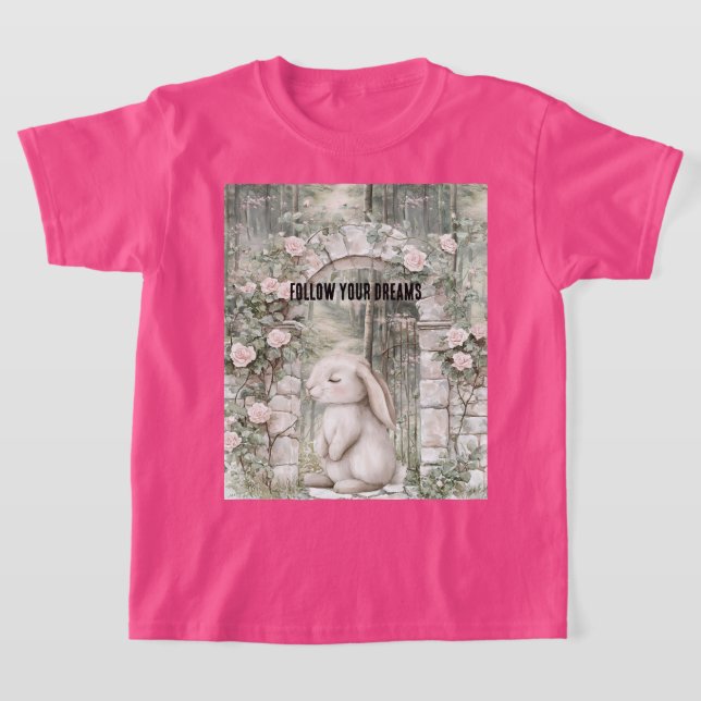 Enchanted Pink Floral Garden Bunny   T-Shirt (Laydown)