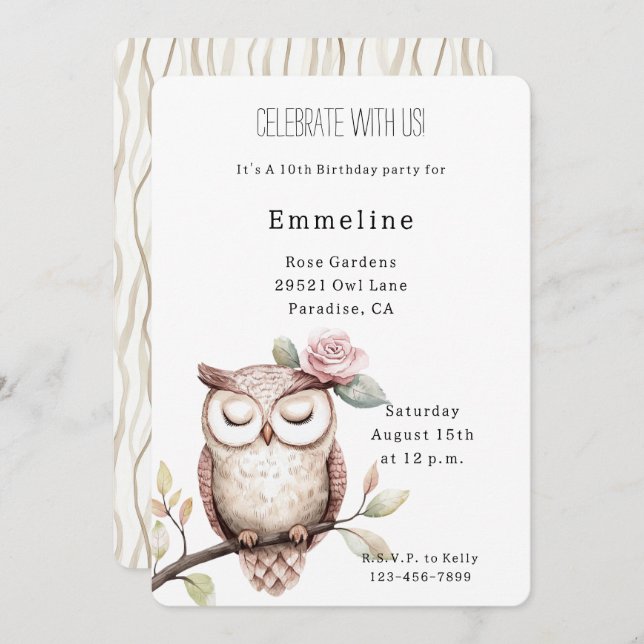 Enchanted Pink Flower Owl Birthday Invitation (Front/Back)