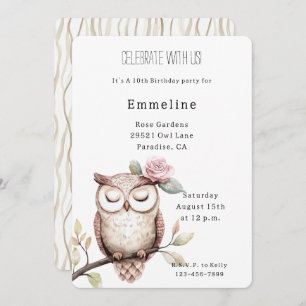 Enchanted Pink Flower Owl Birthday Invitation
