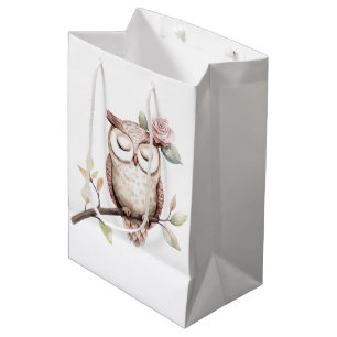 Enchanted Pink Flower Owl Birthday Medium Gift Bag