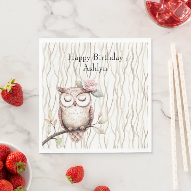 Enchanted Pink Flower Owl Birthday Napkins (Insitu)