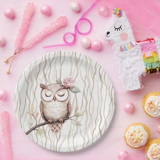 Enchanted Pink Flower Owl Birthday Paper Plates (Party)