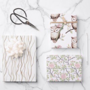 Enchanted Pink Flower Owl Birthday Wrapping Paper Sheets