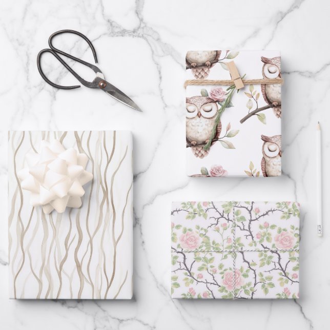 Enchanted Pink Flower Owl Birthday Wrapping Paper Sheets (Front)