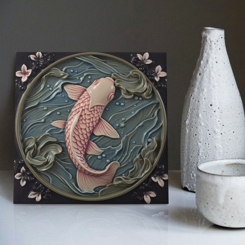 Enchanted Pink Karp in a Pond with Waterlilies Ceramic Tile